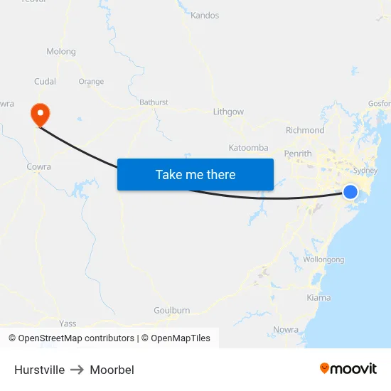 Hurstville to Moorbel map