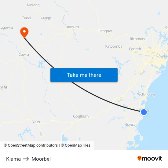 Kiama to Moorbel map