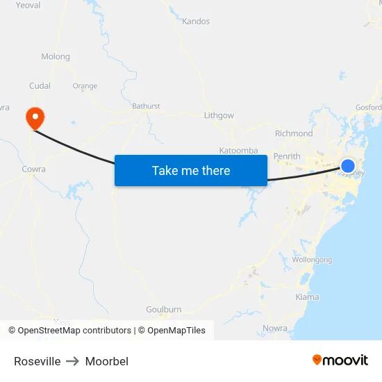 Roseville to Moorbel map