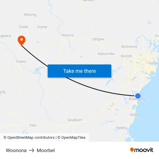 Woonona to Moorbel map