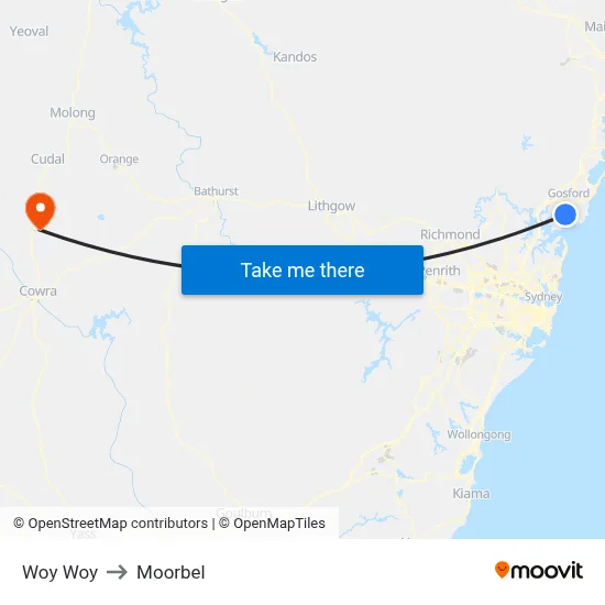 Woy Woy to Moorbel map