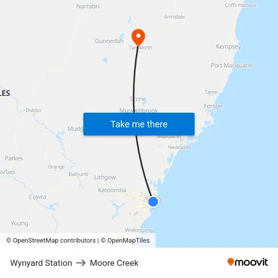 Wynyard Station to Moore Creek map