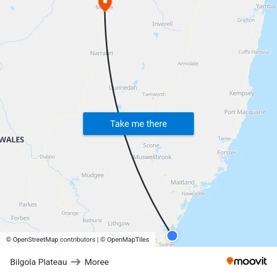 Bilgola Plateau to Moree map