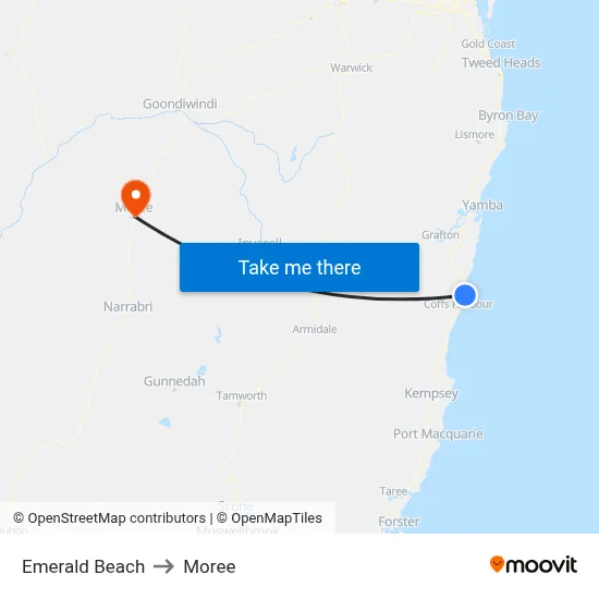 Emerald Beach to Moree map