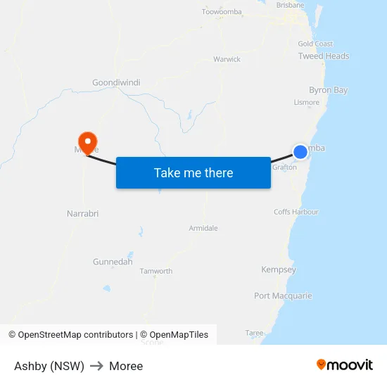 Ashby (NSW) to Moree map