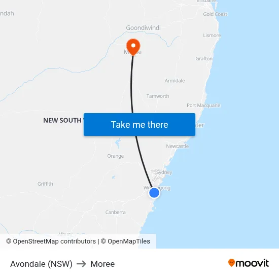 Avondale (NSW) to Moree map