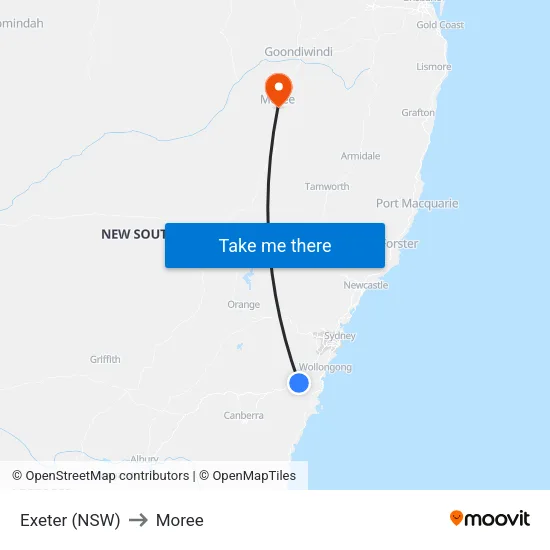 Exeter (NSW) to Moree map