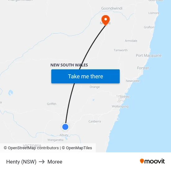 Henty (NSW) to Moree map