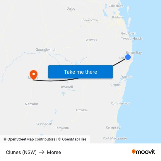 Clunes (NSW) to Moree map