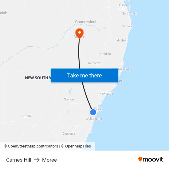 Carnes Hill to Moree map