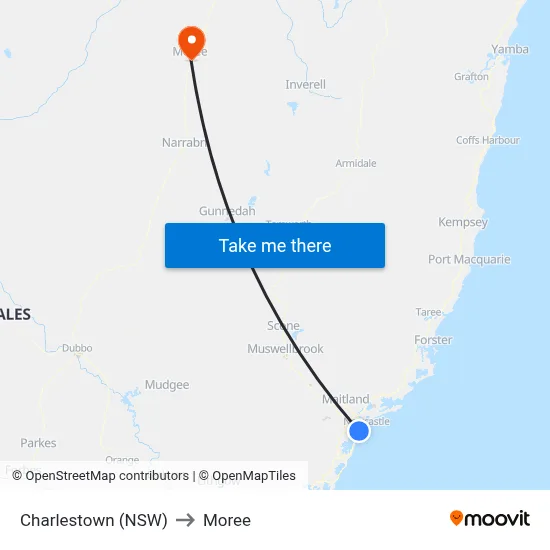 Charlestown (NSW) to Moree map