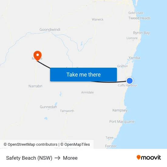 Safety Beach (NSW) to Moree map