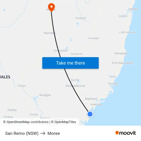 San Remo (NSW) to Moree map