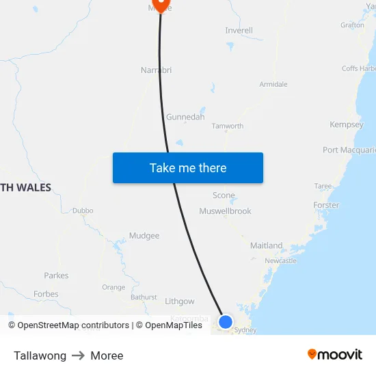 Tallawong to Moree map