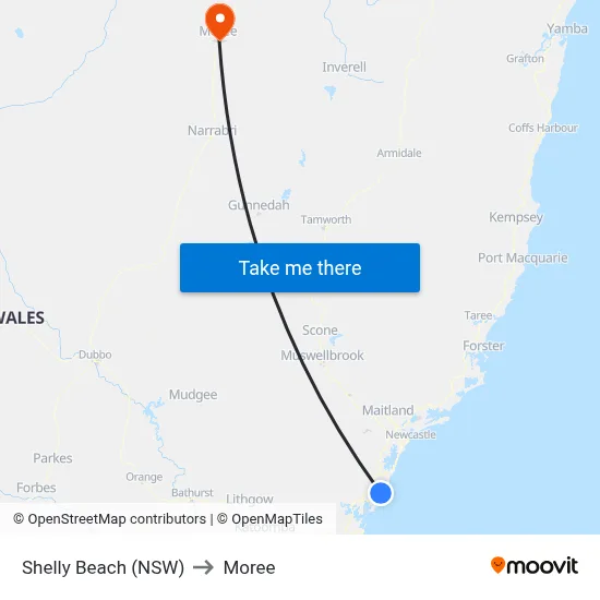 Shelly Beach (NSW) to Moree map