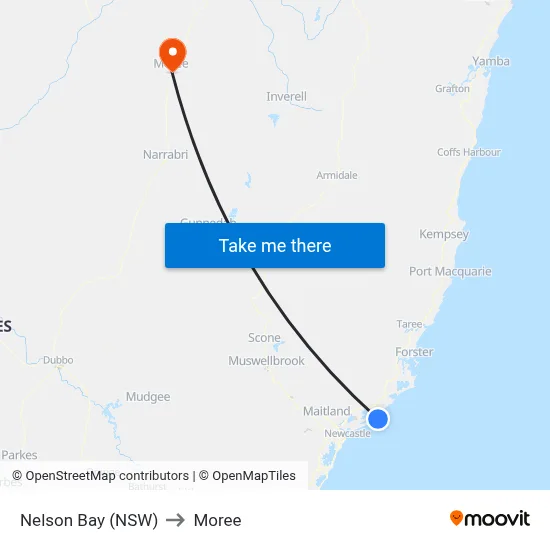 Nelson Bay (NSW) to Moree map