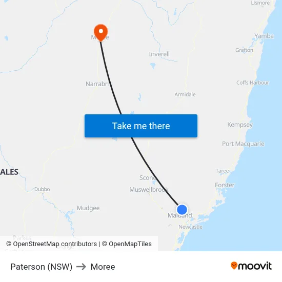 Paterson (NSW) to Moree map