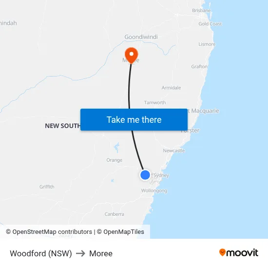 Woodford (NSW) to Moree map