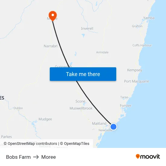 Bobs Farm to Moree map