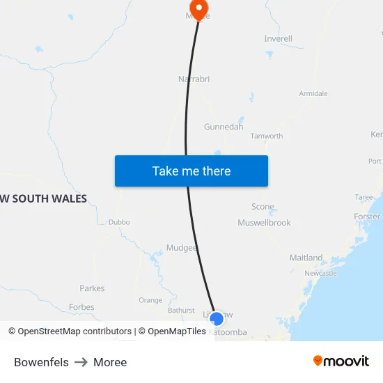 Bowenfels to Moree map