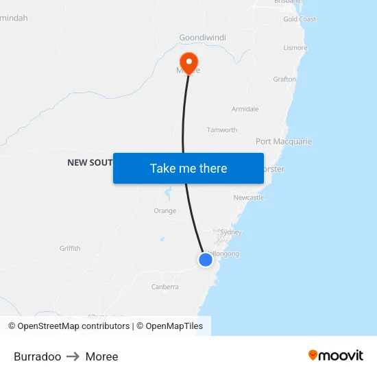 Burradoo to Moree map