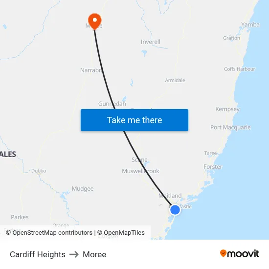 Cardiff Heights to Moree map