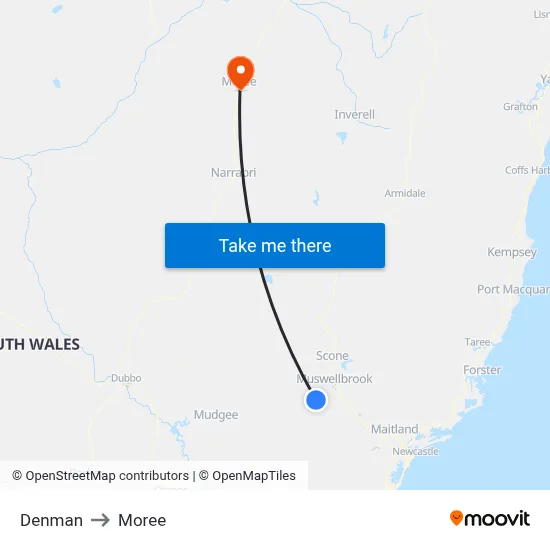 Denman to Moree map