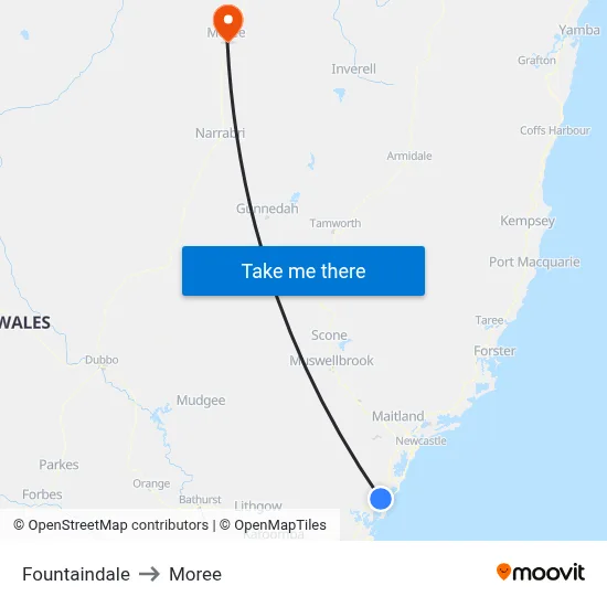 Fountaindale to Moree map