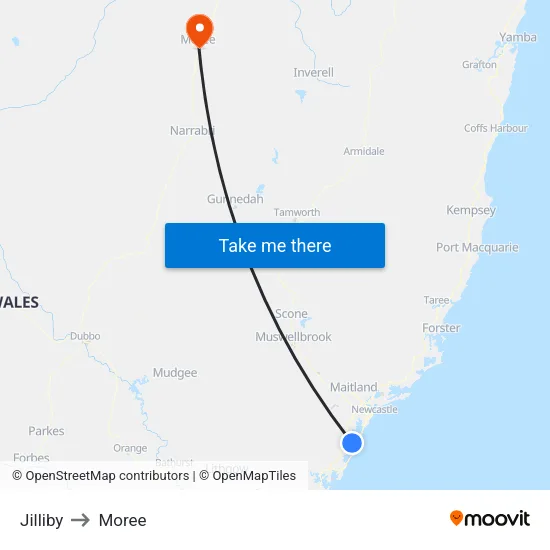 Jilliby to Moree map