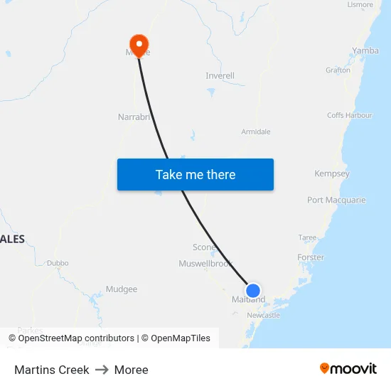 Martins Creek to Moree map