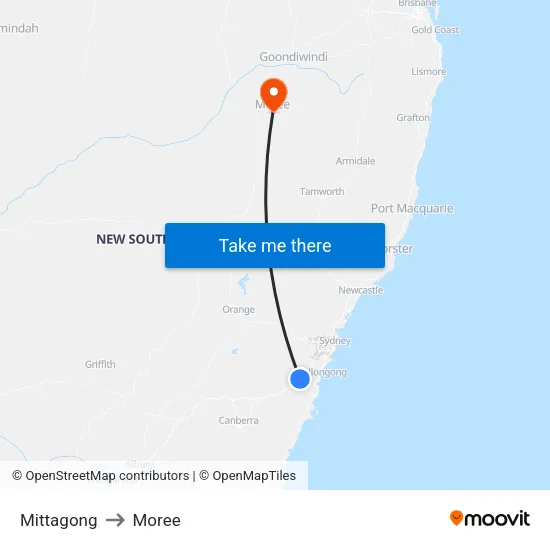 Mittagong to Moree map