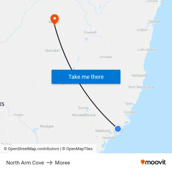 North Arm Cove to Moree map
