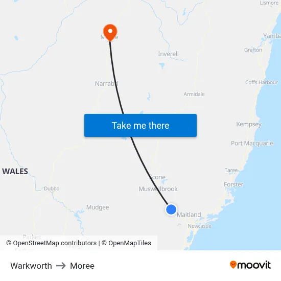 Warkworth to Moree map