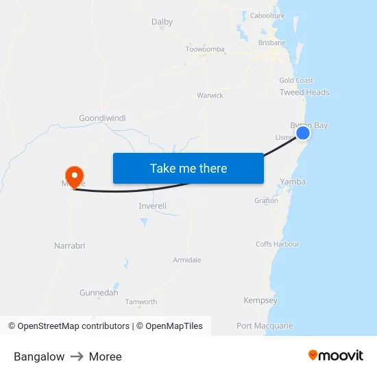 Bangalow to Moree map