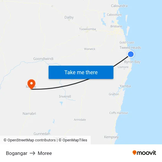 Bogangar to Moree map