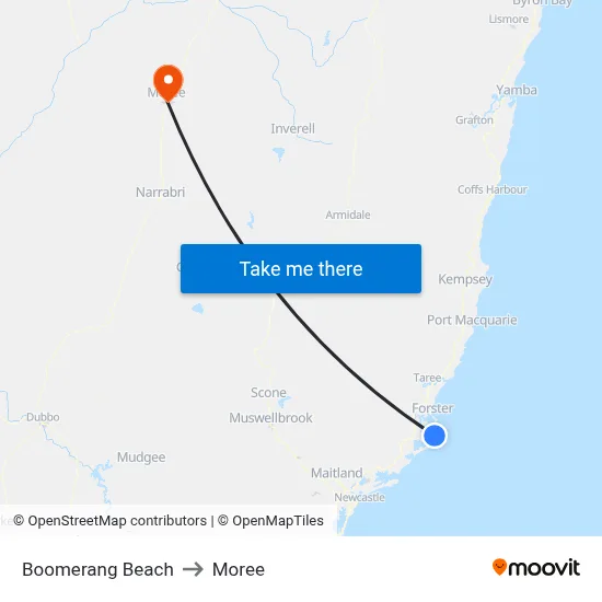Boomerang Beach to Moree map