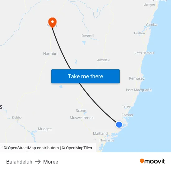 Bulahdelah to Moree map