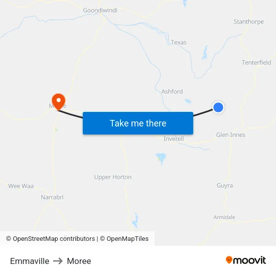 Emmaville to Moree map