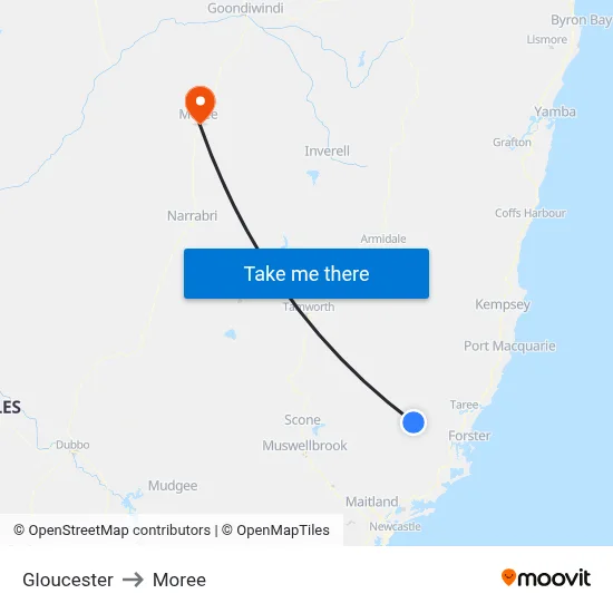 Gloucester to Moree map