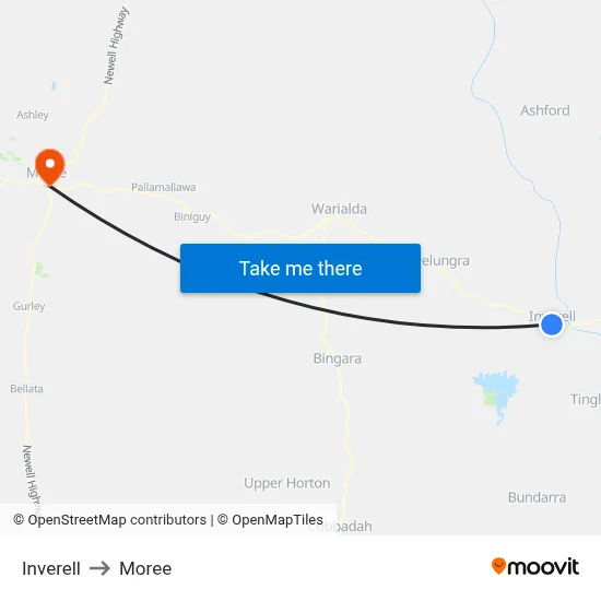 Inverell to Moree map
