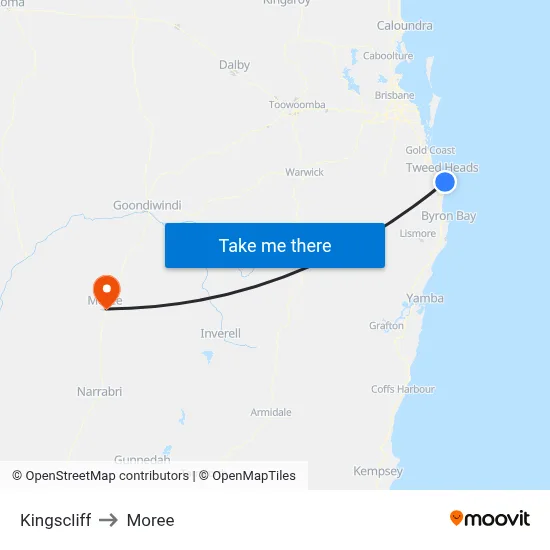 Kingscliff to Moree map