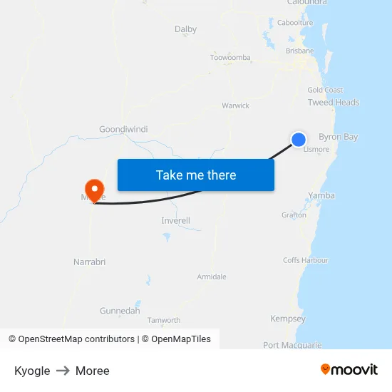 Kyogle to Moree map