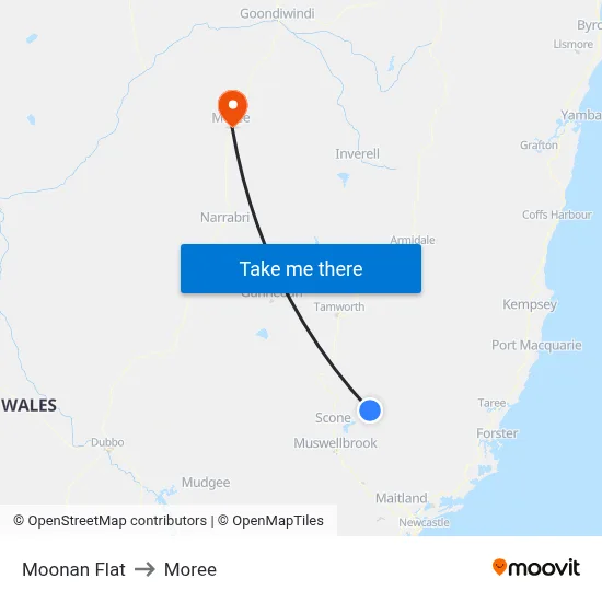 Moonan Flat to Moree map