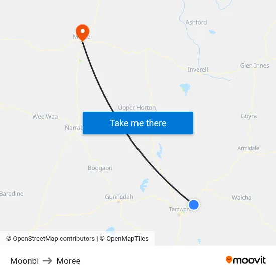 Moonbi to Moree map