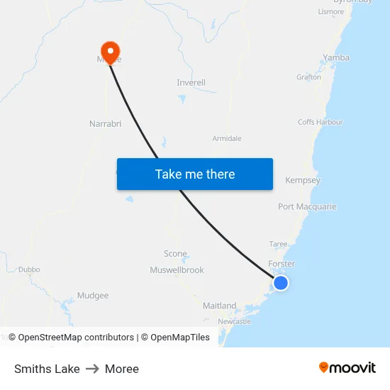 Smiths Lake to Moree map