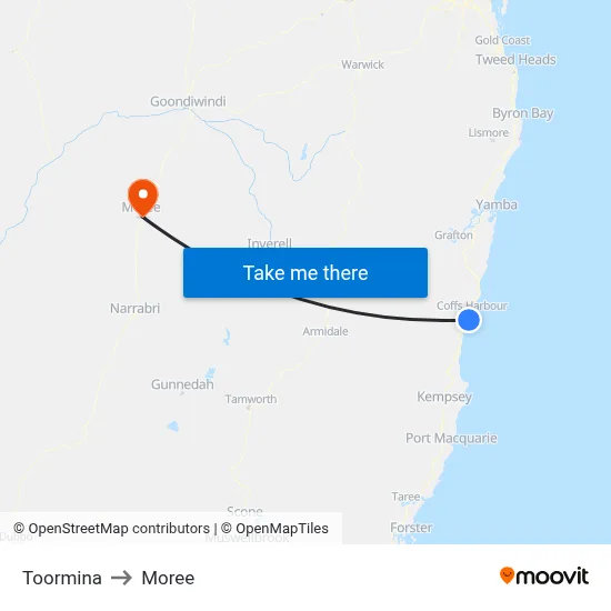 Toormina to Moree map
