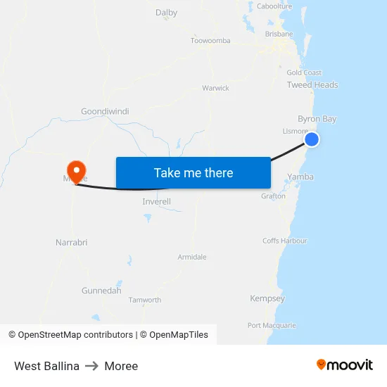 West Ballina to Moree map