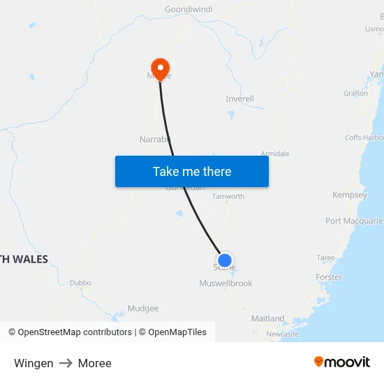 Wingen to Moree map