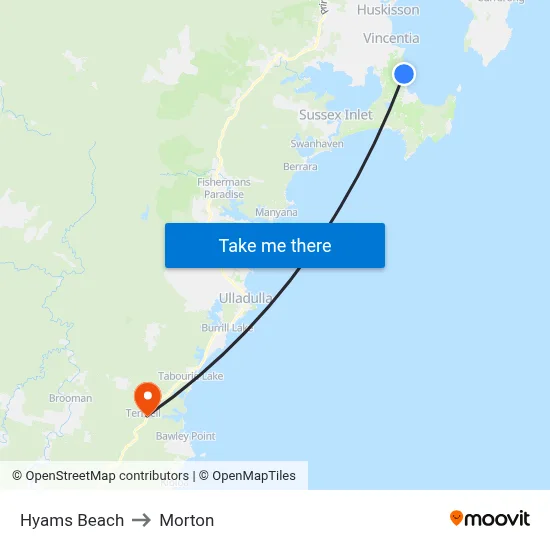 Hyams Beach to Morton map