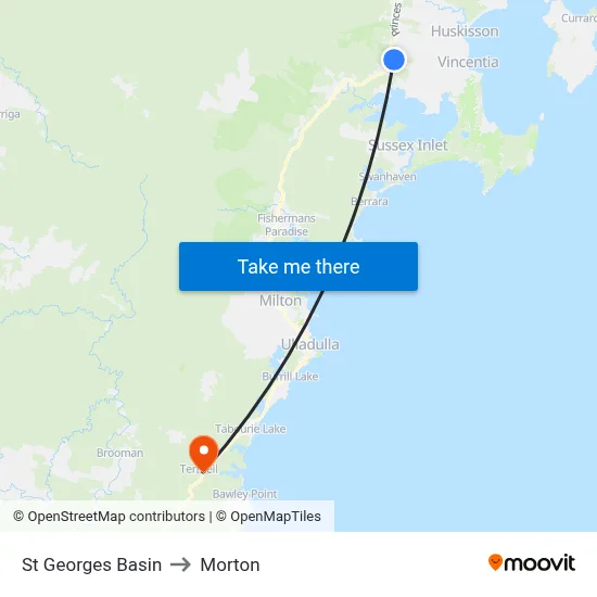 St Georges Basin to Morton map